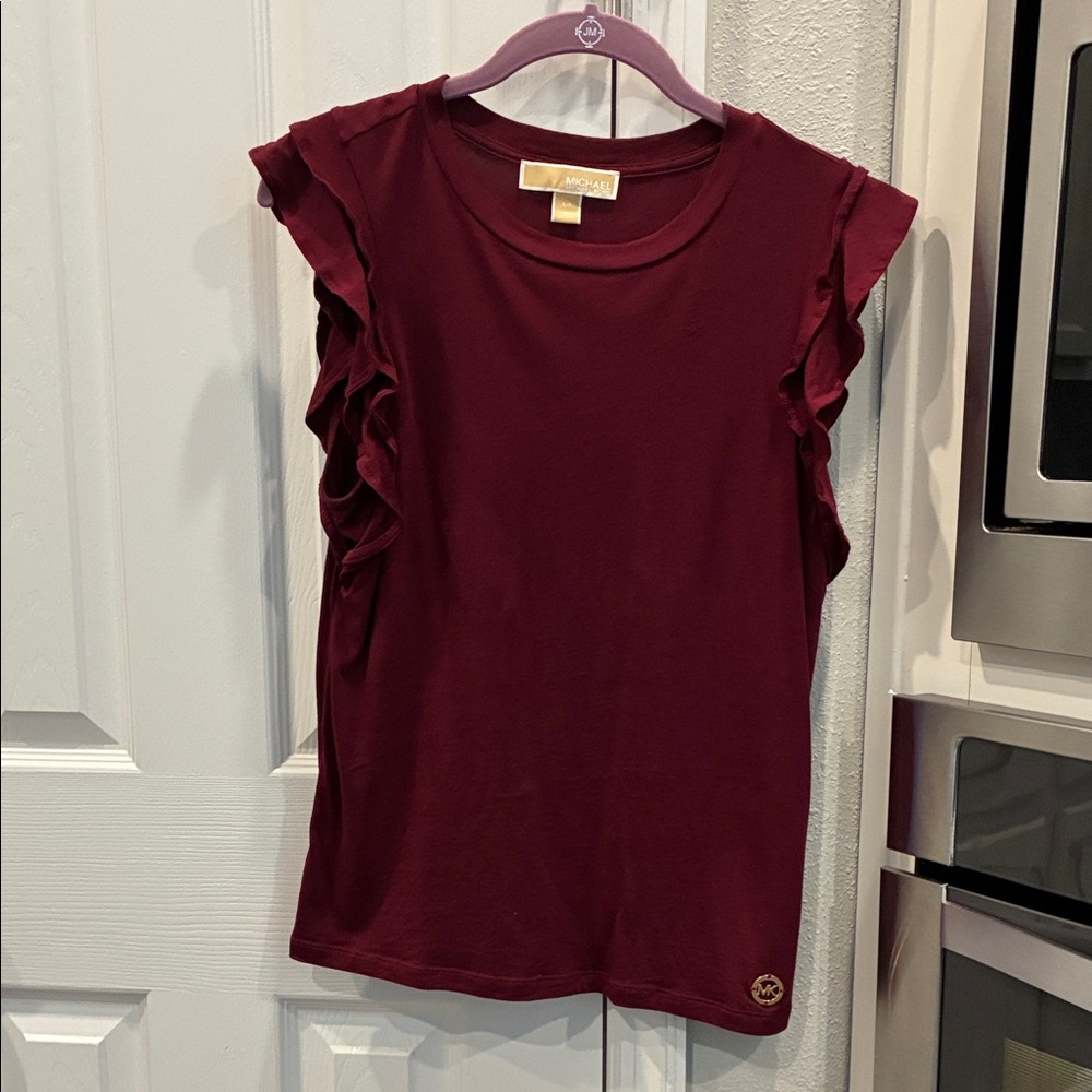 Michael Kors Ruffle Sleeve Tee in Deep Wine